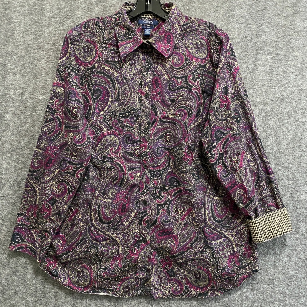 Chaps No Iron Button Up Shirt Womens‎ 1X Purple Paisley Houndstooth Flip Cuff